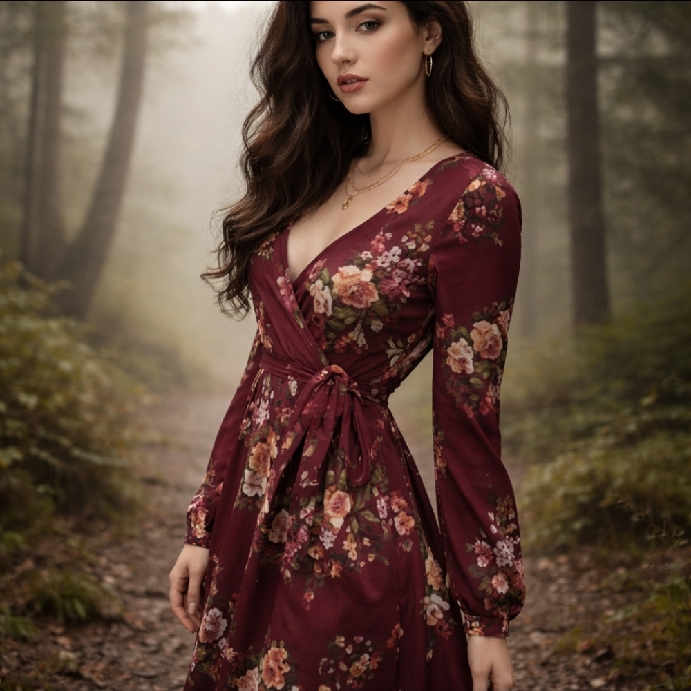 Burgundy Dress Hi low v neck knit wrap side tie Fairycore floral Feminine sz S